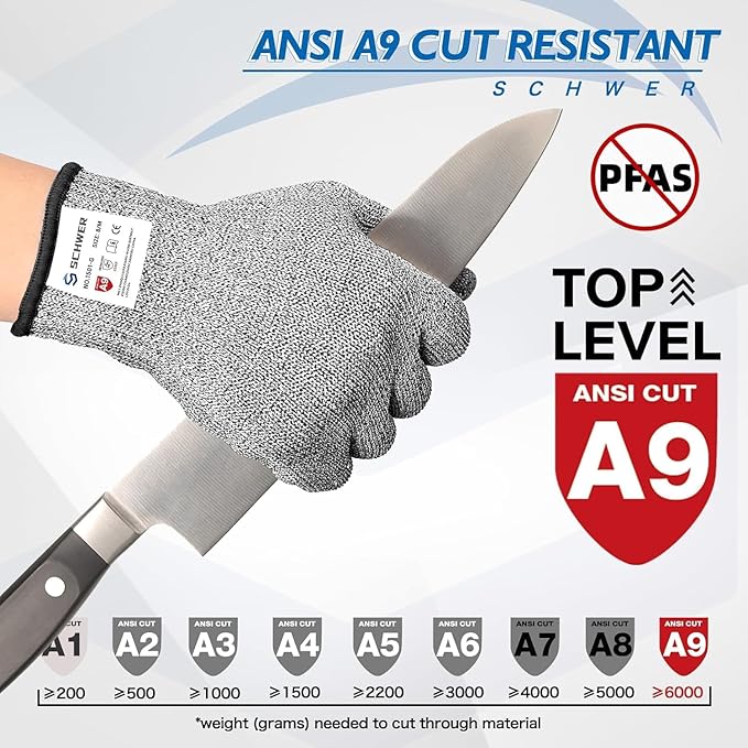 Schwer 2 Pairs ANSI A9 Cut Resistant Gloves, Food Grade Reliable Cutting Gloves, Mandoline Gloves for Kitchen Meat Cutting, Oyster Shucking, Fish Fillet Processing, Non-PFAS, PR1501-G, L