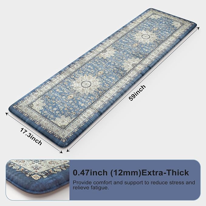 Collive Kitchen Rugs Anti Fatigue, Cushioned Kitchen Floor Mats Waterproof, Non Skid Comfort Standing Mats for Office, Sink, Laundry, 17”x59”, Blue