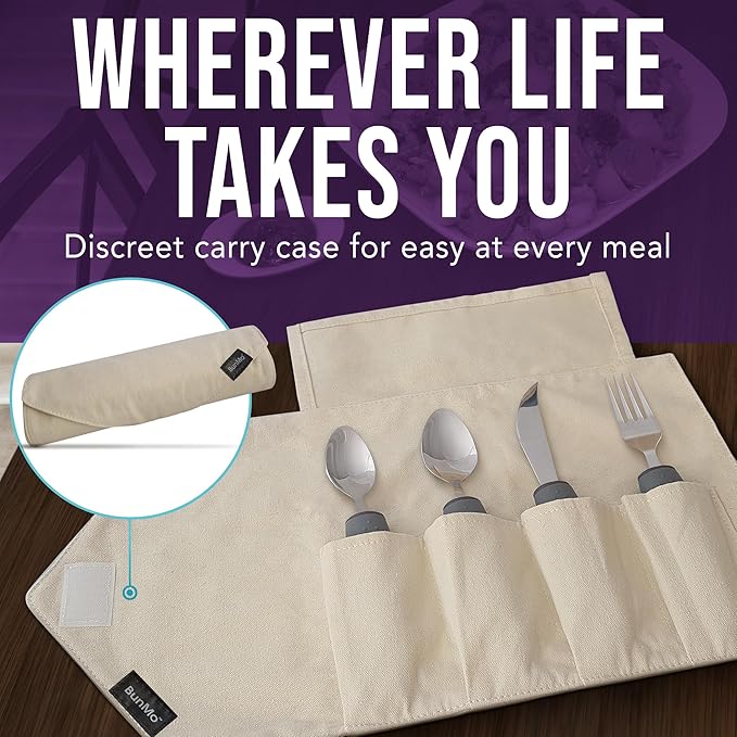BUNMO Adaptive Utensils for Elderly, Tremors & Weak Hand Grips – 4pc Lightweight Assistive Silverware Set with Foam Easy Grip Handles – Discreet Canvas Travel Wrap – Dishwasher Safe
