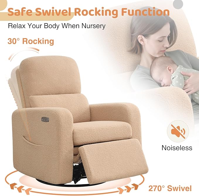 Power Swivel Rocker Recliner, Oversized Boucle Electric Recliner Chair, Swivel Glider Nursery Reclienr with Removable Cushion, Upholstered Recling Chair for Living Room Bedroom, Teddy Camel