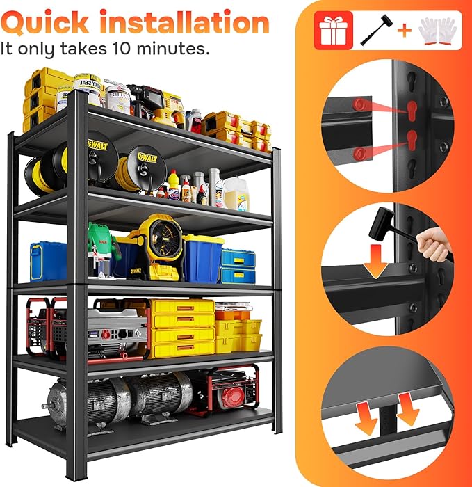 72" H x 48" W Metal Shelving Unit with 2 Fences, 5-Tier72 H x 48" W x24 D Heavy Duty Garage Storage Rack, Adjustable Industrial Shelves for Warehouse, Basement, Easy Assembly