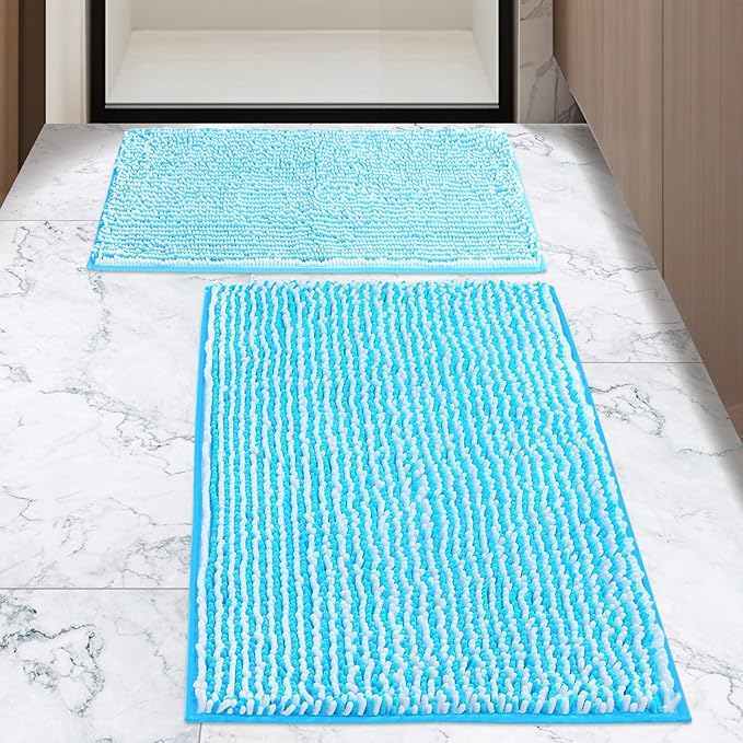 Ultra-Soft Bathroom Rug Set, 2-Piece – Absorbent, Non-Slip, Machine Washable Bath Mats for Bathroom, Shower, Sink, Kitchen （20" x 32" + 17" x 24"） Blue
