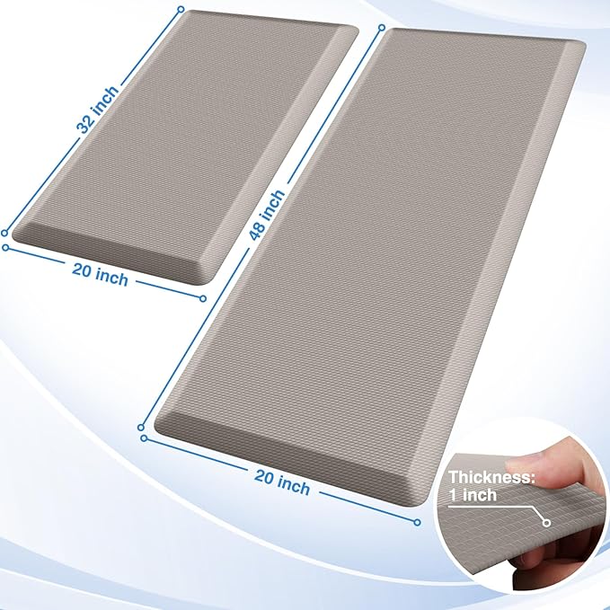 StepRite Kitchen Mats, 2PCS Kitchen Rugs, Cushioned Anti Fatigue Kitchen Mats for Floor, Non-Slip Standing Desk Mat, Waterproof Kitchen Rug Set for Kitchen, 20" x 32"+20" x 48"-Full 1 inch Thick,Khaki