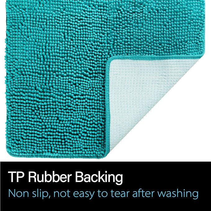 LOCHAS Luxury Bathroom Rug Shaggy Bath Mat 24 x 60 Inch, Washable Non Slip Bath Rugs for Bathroom Shower, Soft Plush Chenille Absorbent Carpets Mats, Teal Blue