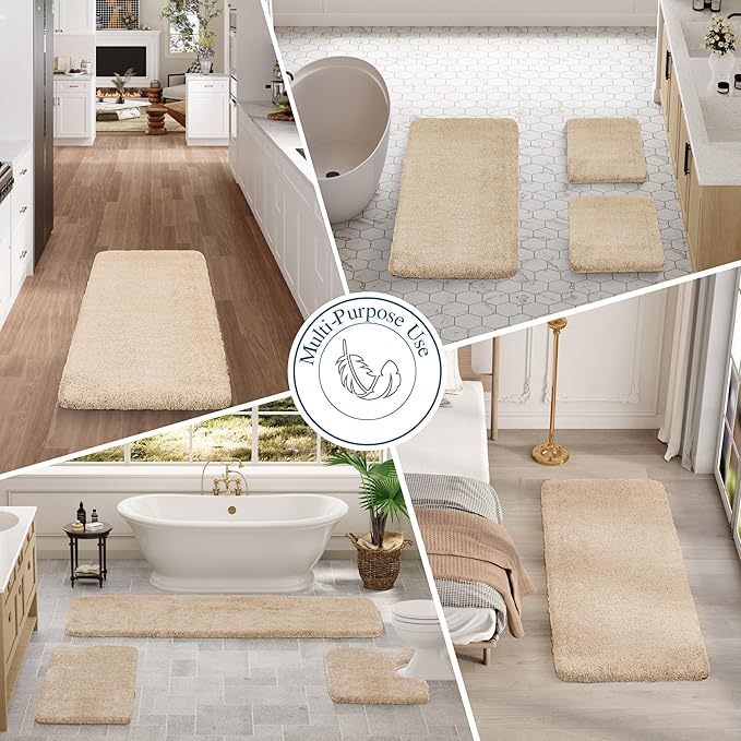 Walensee Bathroom Rug Non Slip Bath Mat (16 x 24, Beige) Water Absorbent Soft Microfiber Shaggy Bathroom Mat Machine Washable Bath Rug Thick Plush Rugs for Shower
