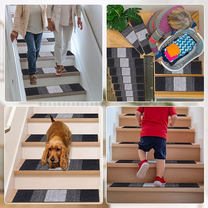 OLANLY Stair Treads Non Slip 15PCS, 8" x 30" Indoor Stair Runners for Wooden Steps, Edging Stair Rugs with Reusable Peel and Stick Adhesive for Kids Elders and Pets, Black