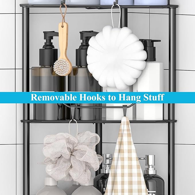4 Tier Floor Standing Corner Shower Caddy Organizer Shelf with Hooks, Bathroom Shelves Stand Rack, Black