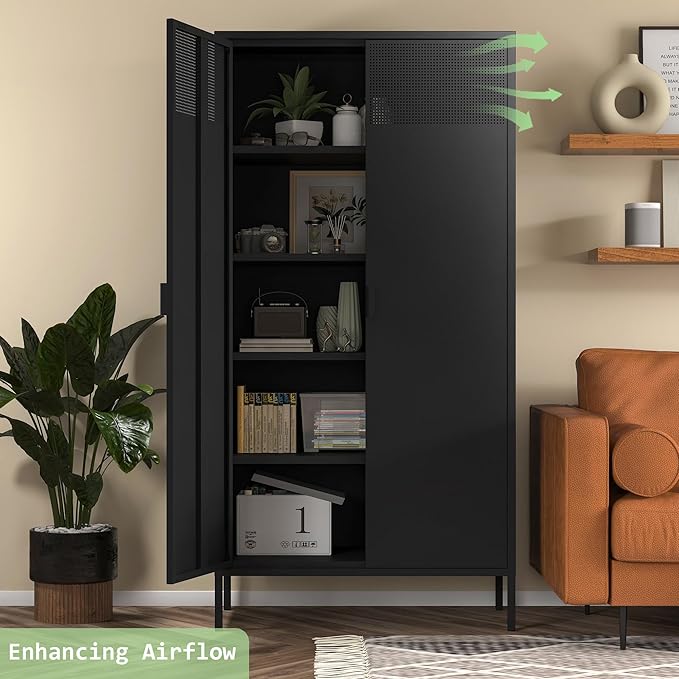 COFaR 5 Tier Black Metal Storage Cabinet, Free Standing with 2 Doors, 4 Adjustable Shelves and Legs, Cupboard Metal Cabinet for Living Room, Kitchen, Dining Room, Office
