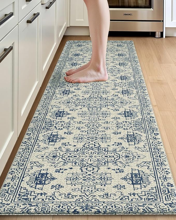 DEXI Kitchen Mats for Floor Cushioned, 23x86 Extra Large Long Runner Rug Non Slip, Waterproof Soft Comfort Standing Padded Anti Fatigue Decorative, Blue White