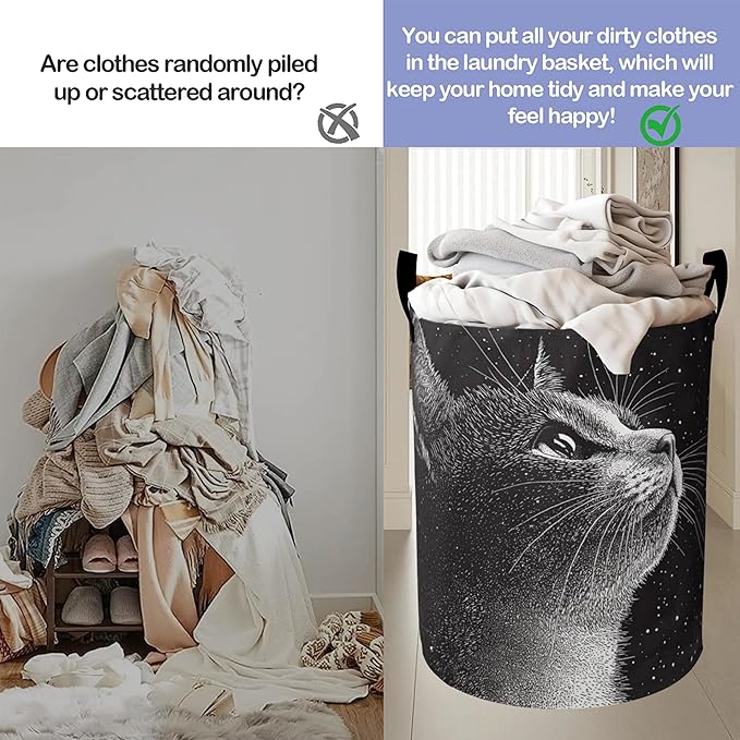 Cute Black Cat Laundry Hamper Large Canvas Fabric Lightweight Storage Basket/Dirty Clothes Collapsible Waterproof for College Dorms, Boys and Girls Bedroom,Bathroom