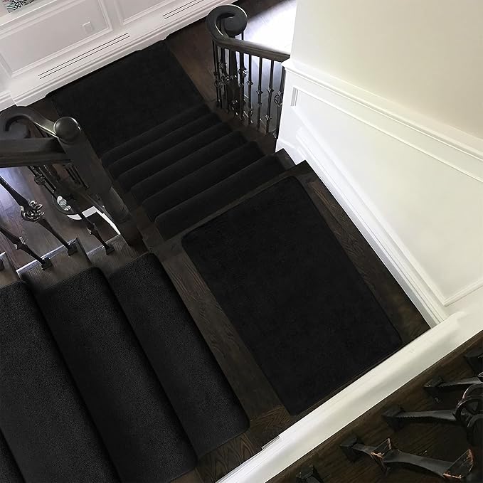 PURE ERA Carpet Stair Treads Ultra Plush 9.5" X 30"Soft Bullnose Indoor Stair Protectors Pet-Friendly Non-Slip Skid Resistant Tape Free Washable Reusable(7 Pieces,Black)