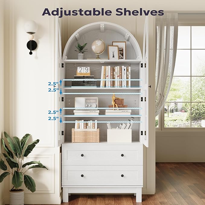 71" Tall Arched Kitchen Pantry, Kitchens Pantry Storage Cabinet with 2 Large Drawers and Adjustable Shelves, Modern Farmhouse Versatile Cupboard for Kitchen, Dining Room, Bathroom, White