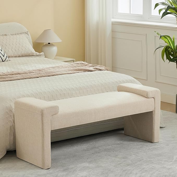 43" Linen End of Bed Bench Upholstered Modern Bedroom Bench for Living Room & Entryway, Easy Assembly, Footrest Ottoman Accent Window Bench with Solid Wood Frame & Curved Arm, Tan