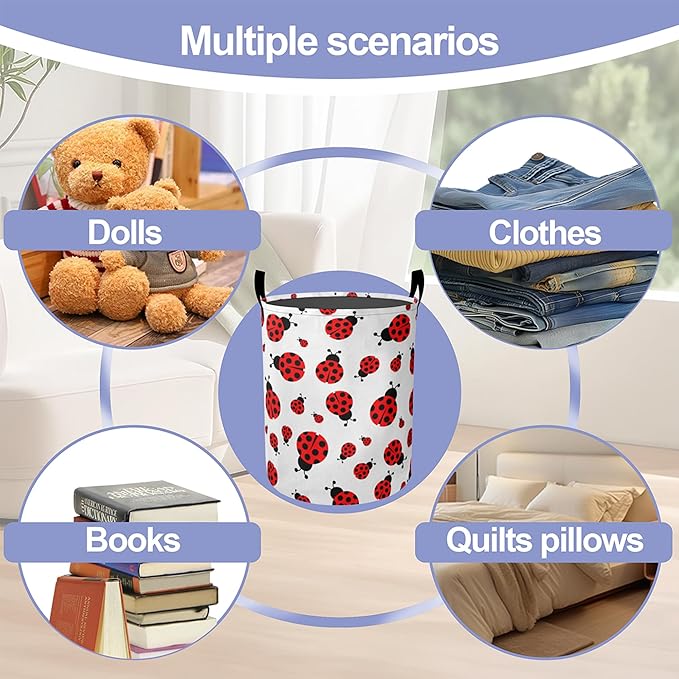 Cute Red Ladybugs Laundry Hamper Large Canvas Fabric Lightweight Storage Basket/Dirty Clothes Collapsible Waterproof for College Dorms, Boys and Girls Bedroom,Bathroom