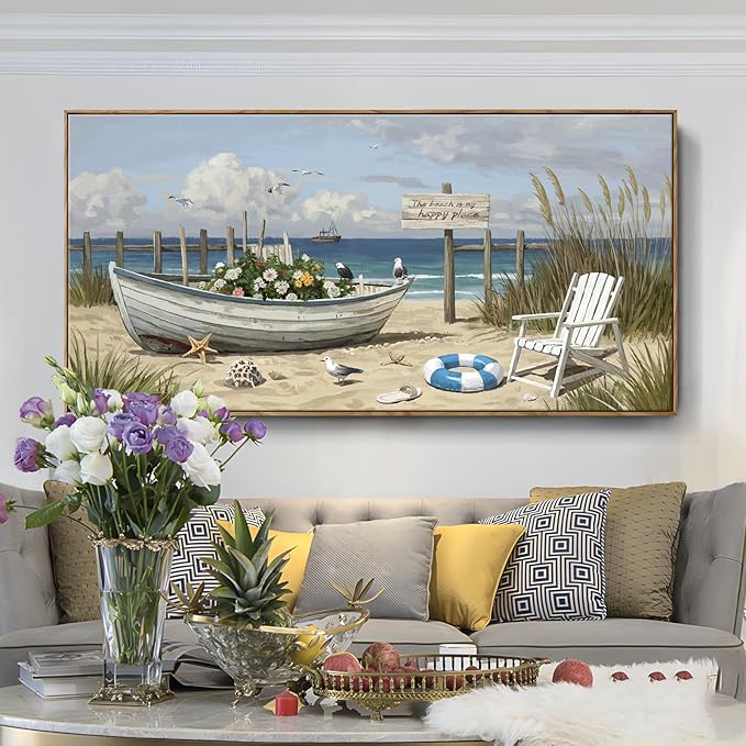 amatop Coastal Farmhouse Wall Art – Large Framed Modern Beach & Ocean Landscape Canvas Print, Nautical Elements for Living Room, Bedroom & Office Decor (58×29 Inch)