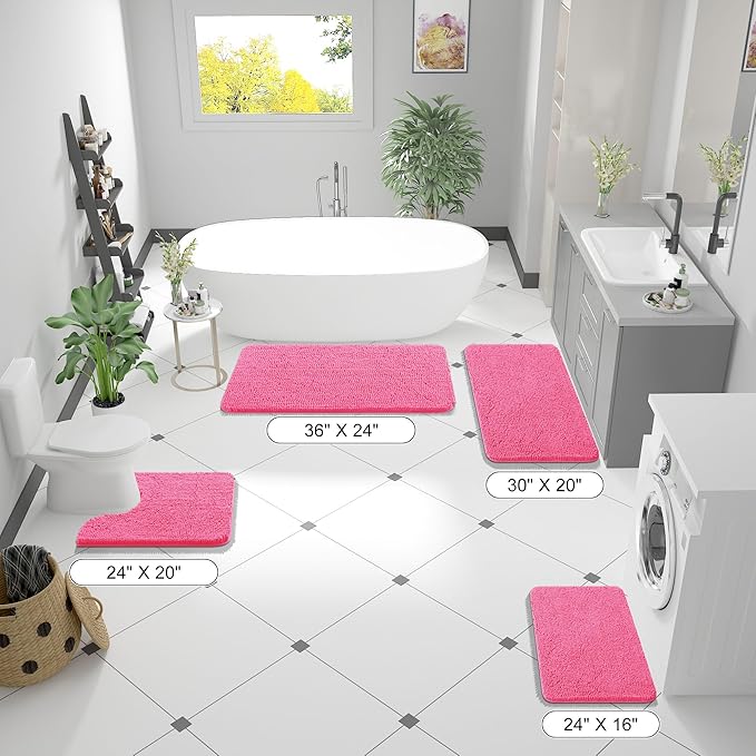 OLANLY Bathroom Rugs 47x20, Extra Soft Absorbent Chenille Bath Rugs, Rubber Backing Quick Dry, Machine Washable Bath Mats for Bathroom Floor, Tub and Shower, Home Decor Accessories, Hot Pink