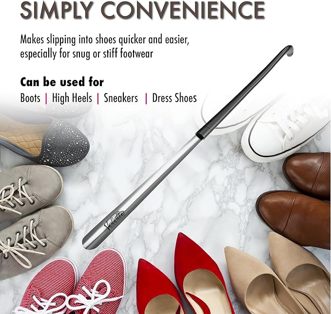 Velette Metal Shoe Horn Long Handle for Seniors - 30" Extra Long Shoe Horn for Women, Men and Kids - Shoehorn, Boot Horns, Shoehorn Long-Handle, Elderly Must Haves - Shoes Spoon, Stick, Helper
