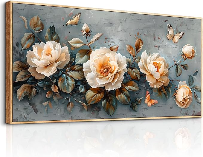 PHAOHUAXM Large Canvas Wall Art For Living Room Wall Decoration For Bedroom White Ink-Wash Flower Paintings Office Restaurant Corridor Mural Printing Artwork Home Decor Aesthetics Wood Frame 30"X60"