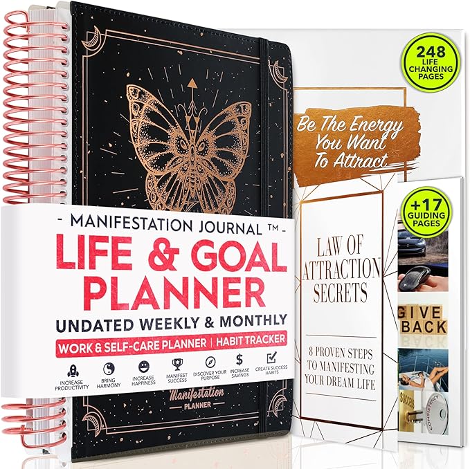 Manifestation Journal – Hourly, Weekly & Monthly Planner | 12-Month to Increase Productivity, Life Organizer & Goal Planner | Spiral Journal, Habit Tracker, Foldable Vision Board, Gift Box & Stickers