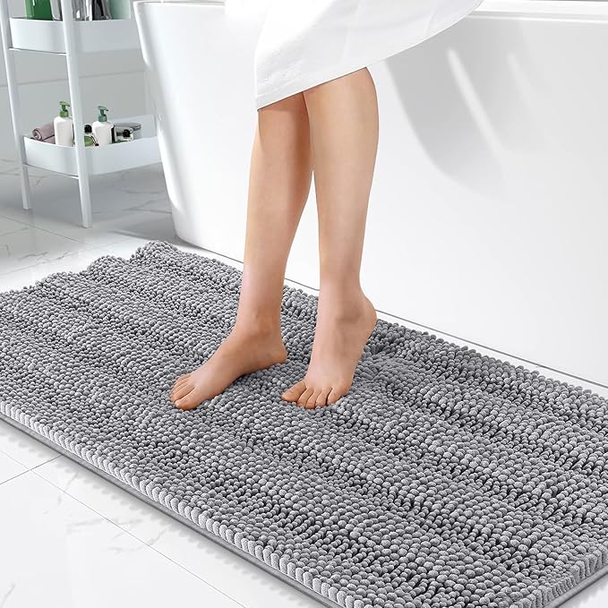 OLANLY Thick Bathroom Rugs 47x24, Extra Soft Absorbent Chenille Striped Bath Rugs, Rubber Backing, Machine Wash Dry, Bath Mats for Bathroom Floor, Tub and Shower, Home Decor Accessories, Grey