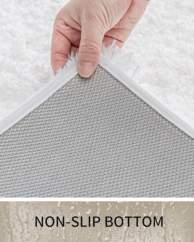 Bathroom Rugs 32x20, Ultra Thick Shaggy Soft Microfiber Absorbent Bath Rug, High Density Foam Latex Non Slip Backing, Machine Washable Bath Mats for Bathroom Floor & Sink, White