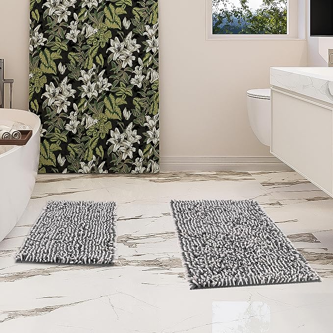 Bathroom Rugs 2 Piece Set – Absorbent, Non-Slip, Soft Chenille Bath Mat, Machine Washable, Comfortable Floor Mats (24"×17” & 20"×30”, Gray Grey)