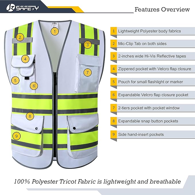 JKSafety 9 Pockets High Visibility Zipper Front Safety Vest | White with Dual Tone High Reflective Strips | Meets ANSI/ISEA Standards (901-White, Medium)