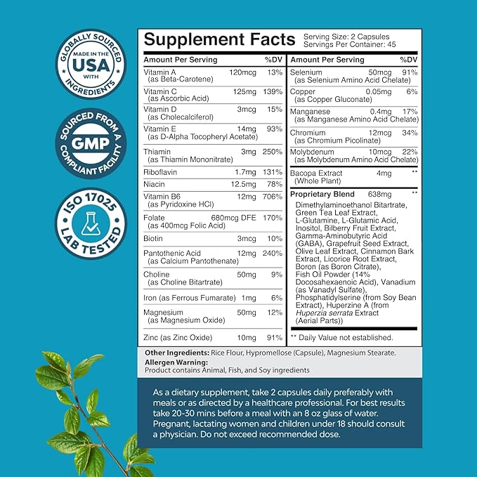 Nootropic Brain Supplement for Memory and Focus Support - Vitamins for Mental Support & Clarity with Bacopa Monnieri, VIT A, B6, Riboflavin, Niacin, Thiamin & Folate - Cognitive Complex - 90 Ct