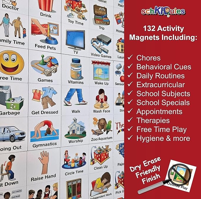 SchKIDules Deluxe Magnetic Visual Schedule & Reward Chart w/189 Colorful Magnets & Reversible 18” Folding Board for Daily Routines, Chores, Behavioral Supports, Kids Calendar, ADHD & Autism Icons
