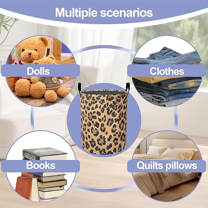 Retro Leopard Print Laundry Hamper Large Canvas Fabric Lightweight Storage Basket/Dirty Clothes Collapsible Waterproof for College Dorms, Boys and Girls Bedroom,Bathroom