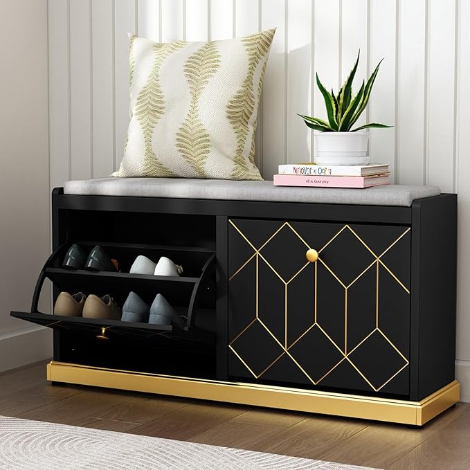 HLR Modern Shoe Bench with Storage, Entryway Bench with 2 Flip Drawer & Padded Cushion Seat, Shoes Storage Bench for Hallway, Closet, Living Room, Black Shoe Storage Cabinet with Bench