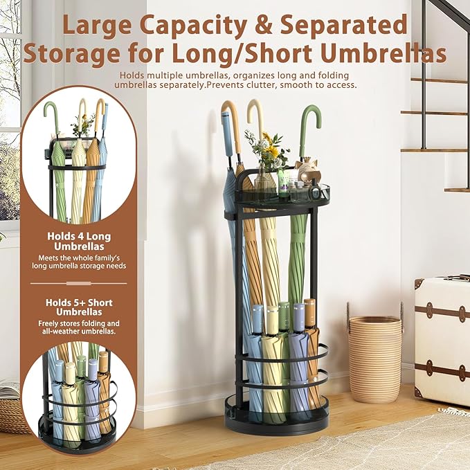 Rotating Free Standing Umbrella Holder for Entryway & Steel Round Umbrella Stand with Drip Tray, Acrylic Box, Holds 9+Umbrellas, Umbrella Rack Storage Canes,Sticks for Indoor Home Office,Black