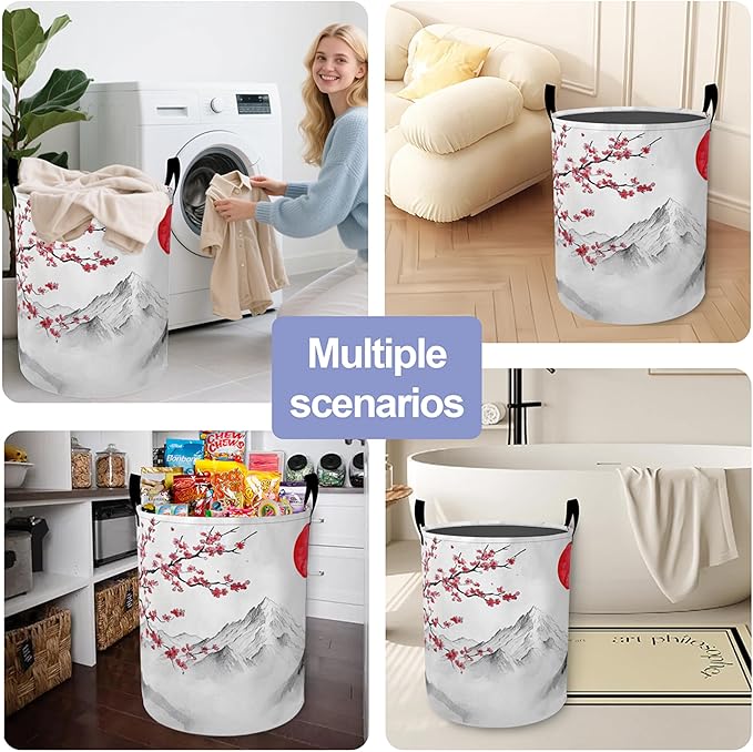 Japan Fuji Mountain Laundry Basket, Cherry Oxford Cloth Laundry Hamper With Handle Foldable Portable Clothes Storage Basket Storage Bag For Laundry Room/Bathroom/Bedroom/Dormitories