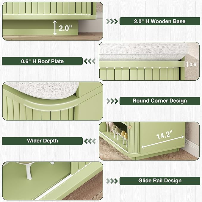 Hall Tree with Bench and Shoe Storage, Entryway Bench with Sliding Door Cabinet, Removable Padded, Metal Wall Hooks and Adjustable Storage Compartments, for Entry, Hallway, Living Room, Green