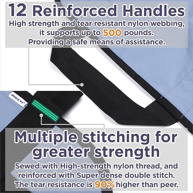 Bed Positioning Pad with Reinforced Handles 63" x 40" Washable Patient Transfer Slide Sheet for Body Lifting, Turning, Repositioning, for Elderly, Incontinence, Caregiver, Blue Gray