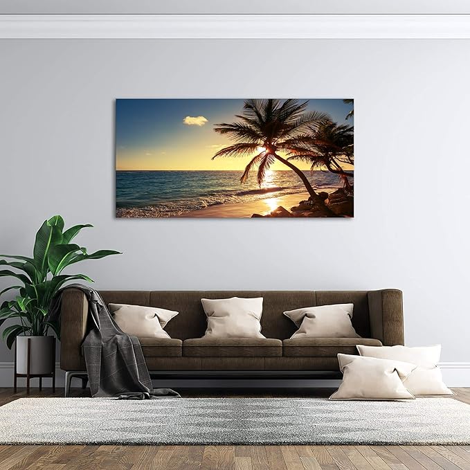 Muolunna S04950 Wall Art Decor Large Canvas Print Picture Sunset Ocean Beach Waves 1 Panel Coconut tree Scenery Modern Painting Artwork for Office Home Decoration Stretched and Framed Ready to Hang
