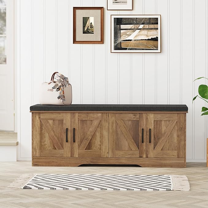 2-Tier Storage Bench, 47.2" Wide Shoe Bench with Padded Seat Cushion, Entryway Bench with 4 Barn Doors and Adjustable Shelf, Rustic Walnut