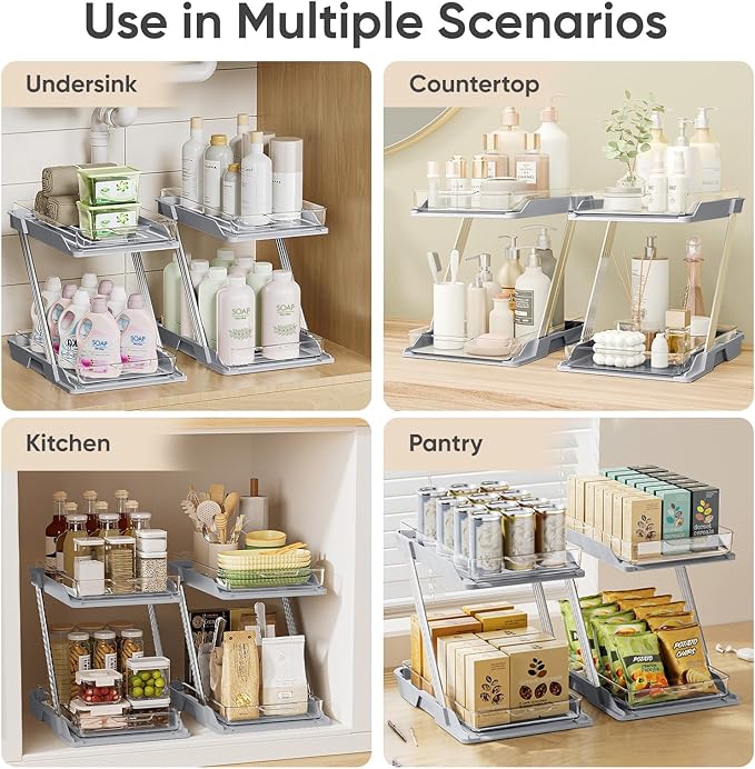 2 Pack Bathroom Organizers and Storage - Multi-Purpose,2-Tier Clear Pull Out Organization for Bathroom,Under Sink,Kitchen,Vanity,Countertop,Cabinet,Pantry & Medicine Cabinet,Grey