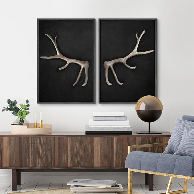 MUDECOR Framed Canvas Print Wall Art Rustic Antler Minimalist Antler Illustrations Modern Art Decorative Bohemian Colorful Chic for Living Room, Bedroom, Office - 24"x36"x2 Black