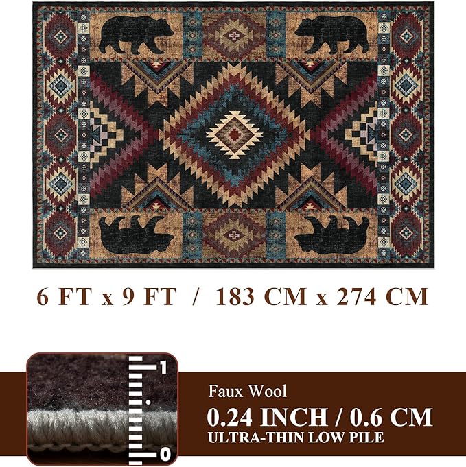 YIHOUSE Rustic Cabin Area Rug for Bedroom 6x9,Machine Washable Lodge Bear Rug,Non-Slip Low Pile Print Pattern Western Rug for Living Room