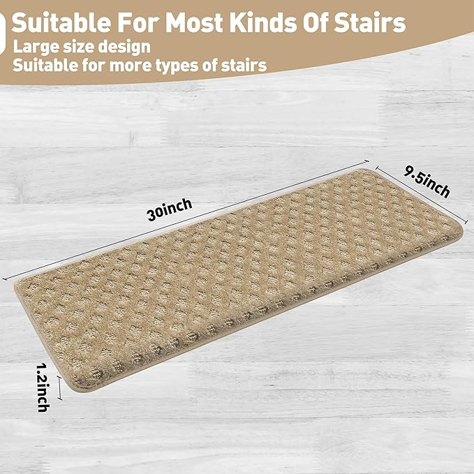 PURE ERA Bullnose Carpet Stair Treads Set Tape Free Non-Slip Indoor Stair Protectors Pet Friendly Rugs 9.5" x 30"(7 Pieces,Khaki Mini-Diamond Trellis)