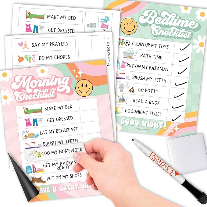Magnetic Morning & Bedtime Routine Chart for Kids - Customizable Toddler Daily Schedule Board with Dry Erase Surface, Stickers & Marker, Build Habits with Visual Checklists, Retro Theme