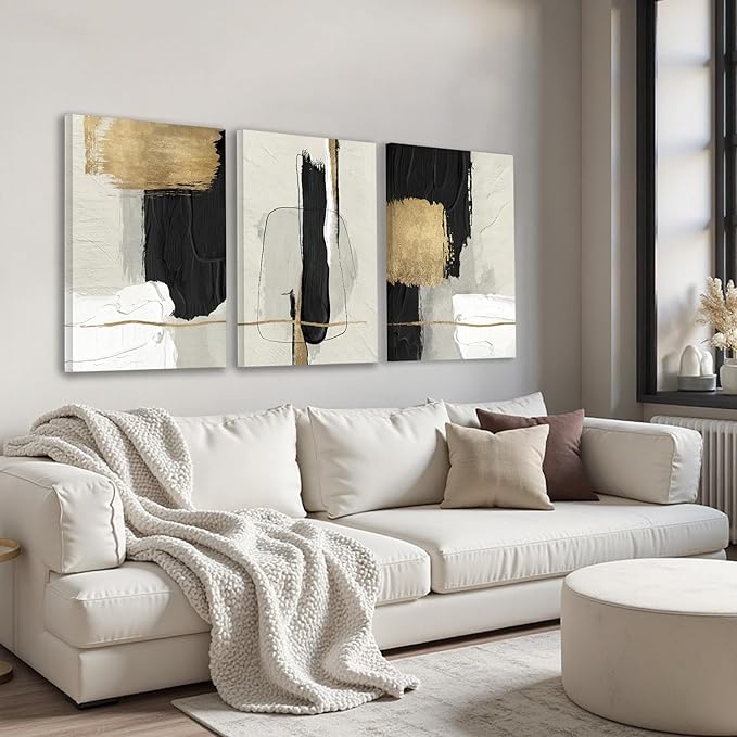 DUWQU 3 Piece Large Black and Gold Abstract Canvas Wall Art, Modern Black Gold and White Art Wall Decor, Minimalist Grey Beige Block Prints for Living Room Bedroom Office Home Decorations 20×30x3 In