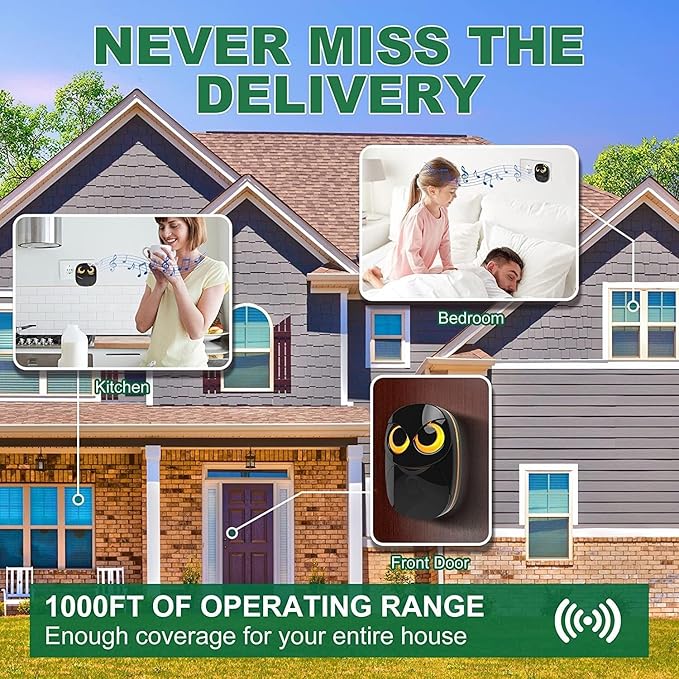 Wireless Doorbell, Cute Owl Doorbell Weatherproof IP55 Outdoor Remote Push Button- 1000 feet Long Wireless Range- 35 Classic Melodies Optional,5 Volume Levels & LED Flash-2Receivers+1Transmitter,Black