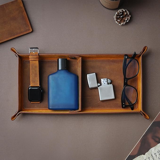 Handmade Leather Catch All Tray and Organizer for Keys, Phones, Jewels, Coins, Rectangular, Light Camel