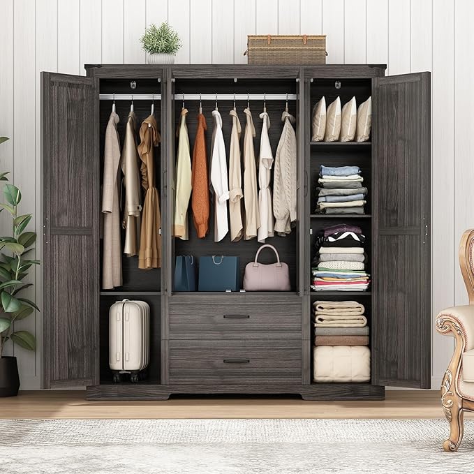 4 Doors Wardrobe Armoire Closet with Doors and Drawers, Farmhouse Wooden Armoire Storage Cabinet with Shelves & Hanging Rod for Bedroom, Grey