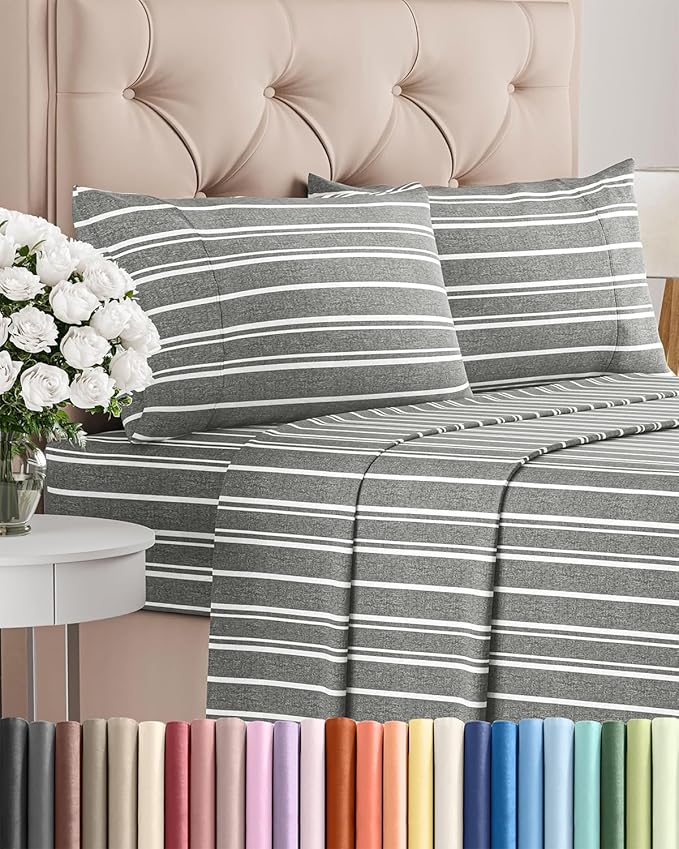 Twin 4 Piece Sheet Set - Cooling & Breathable Bed Sheets - Hotel Luxury Bed Sheets for Women, Men, Kids & Teens - Bedding w/Deep Pockets & Easy Fit - Soft & Wrinkle Free - Twin Grey Stripes Sheets