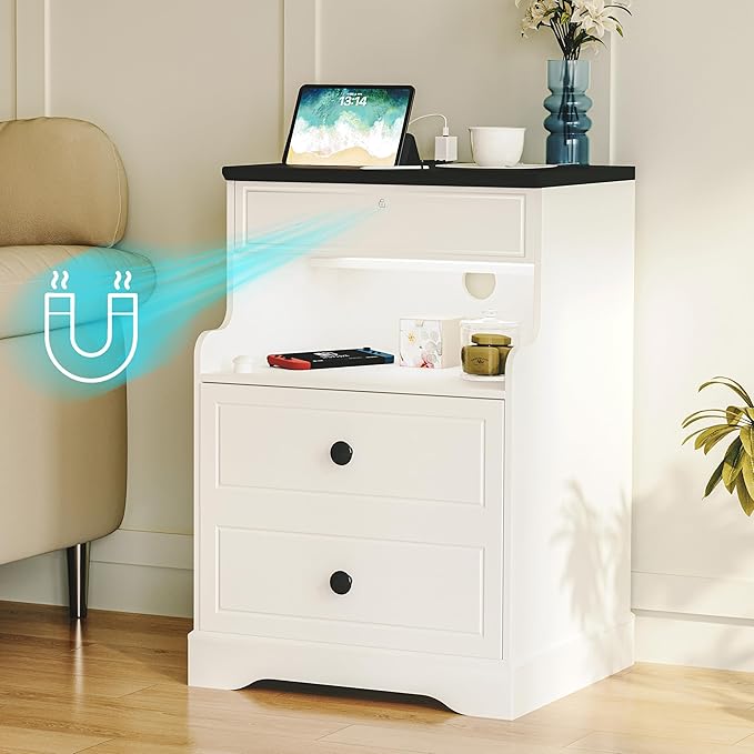 Night Stand with Charging Station,Bedside Table with 2 Drawers,Farmhouse End Table and Nightstand,Small Side Table for Bedroom,Living Room (White-Magnetic Locking, 1-Pcs)
