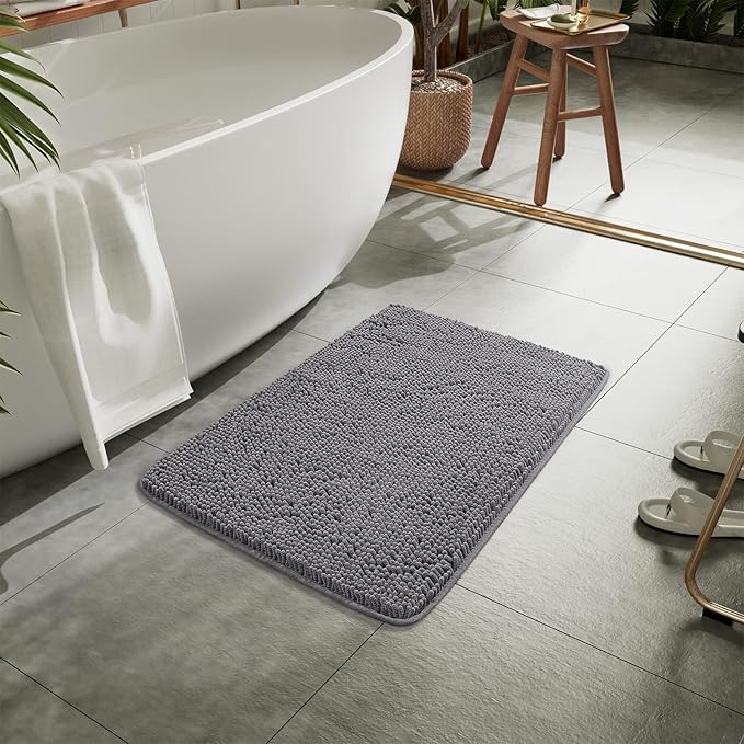 LOCHAS Luxury Bathroom Rug Shaggy Bath Mat 24 x 17 Inch, Washable Non Slip Bath Rugs for Bathroom Shower, Soft Plush Chenille Absorbent Carpets Mats, Gray