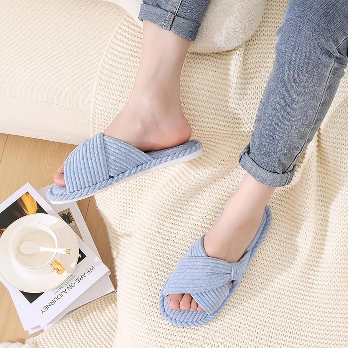 Evshine Fall House Slippers for Women Corduroy Cross Bow Indoor Slippers Open Toe Slip On Bedroom Shoes with Memory Foam